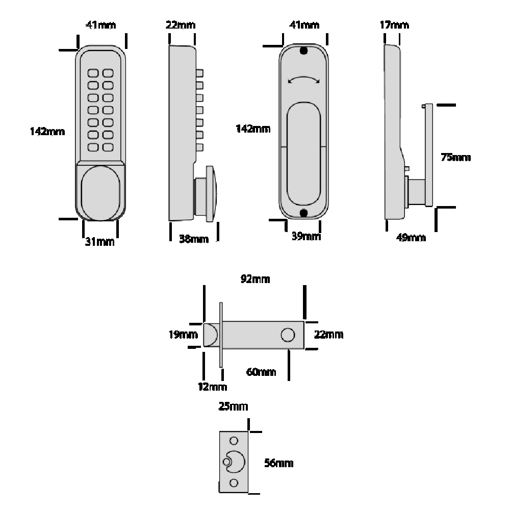 ASEC AS3300 Series Oval Knob Operated Easy Code Change Digital Lock With Optional Holdback & 60mm Latch